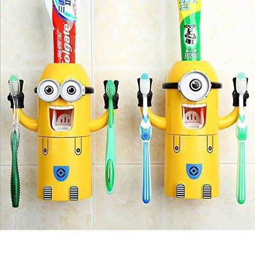 Small Yellow People Automatic Toothpaste Dispenser +2 Toothbrush Holder Set