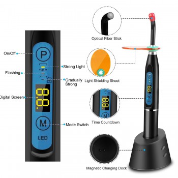 Dental LED Curing&Whitening Light Lamp Wireless 5W 1500mw Blue Light Black