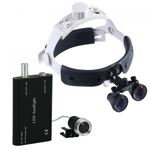 Dental Surgical Binocular 3.5X420mm Leather Headband Loupe + LED Headlight Black