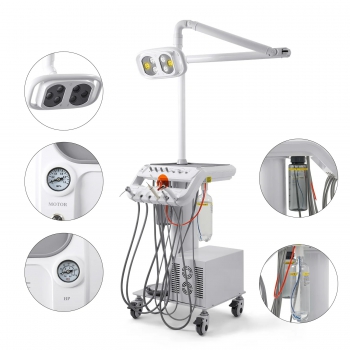 Dental Mobile Cart Delivery Unit Holes with Dental Lamp + Air Compressor + Woodpecker Scaler + Curing Light