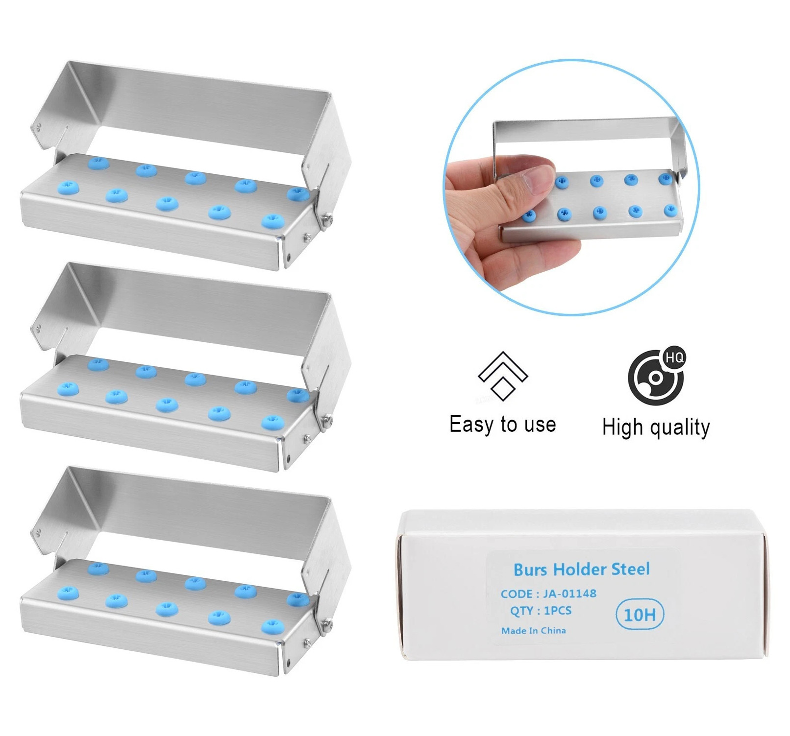 3 Pcs 10 Hole Stainless Steel Bone Bur Block Box, Dental Drill Holder