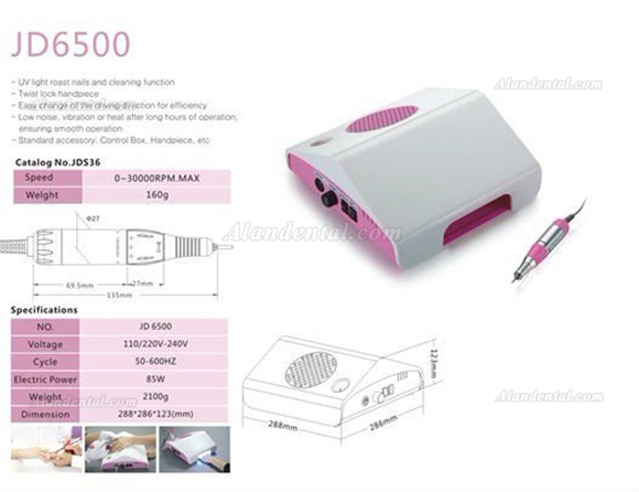 JSDA® JD6500 Electric Nail Drill Dust Collector & UV lamp 3 in 1 Micro Motor