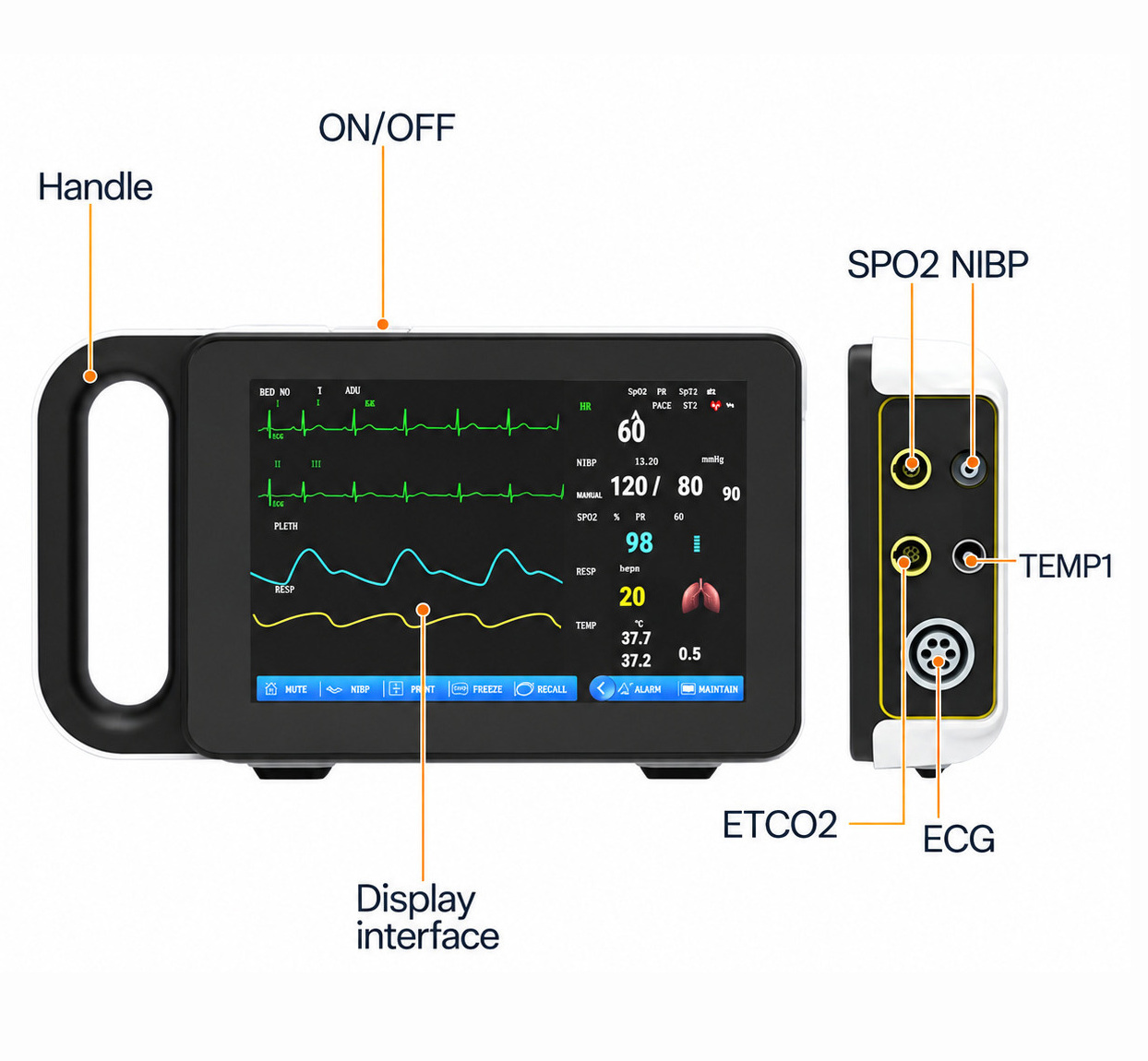 7 Inch Touch Screen Multi-parameter Patient Monitor ECG/RESP/TEMP/NIBP/SPO2/PR