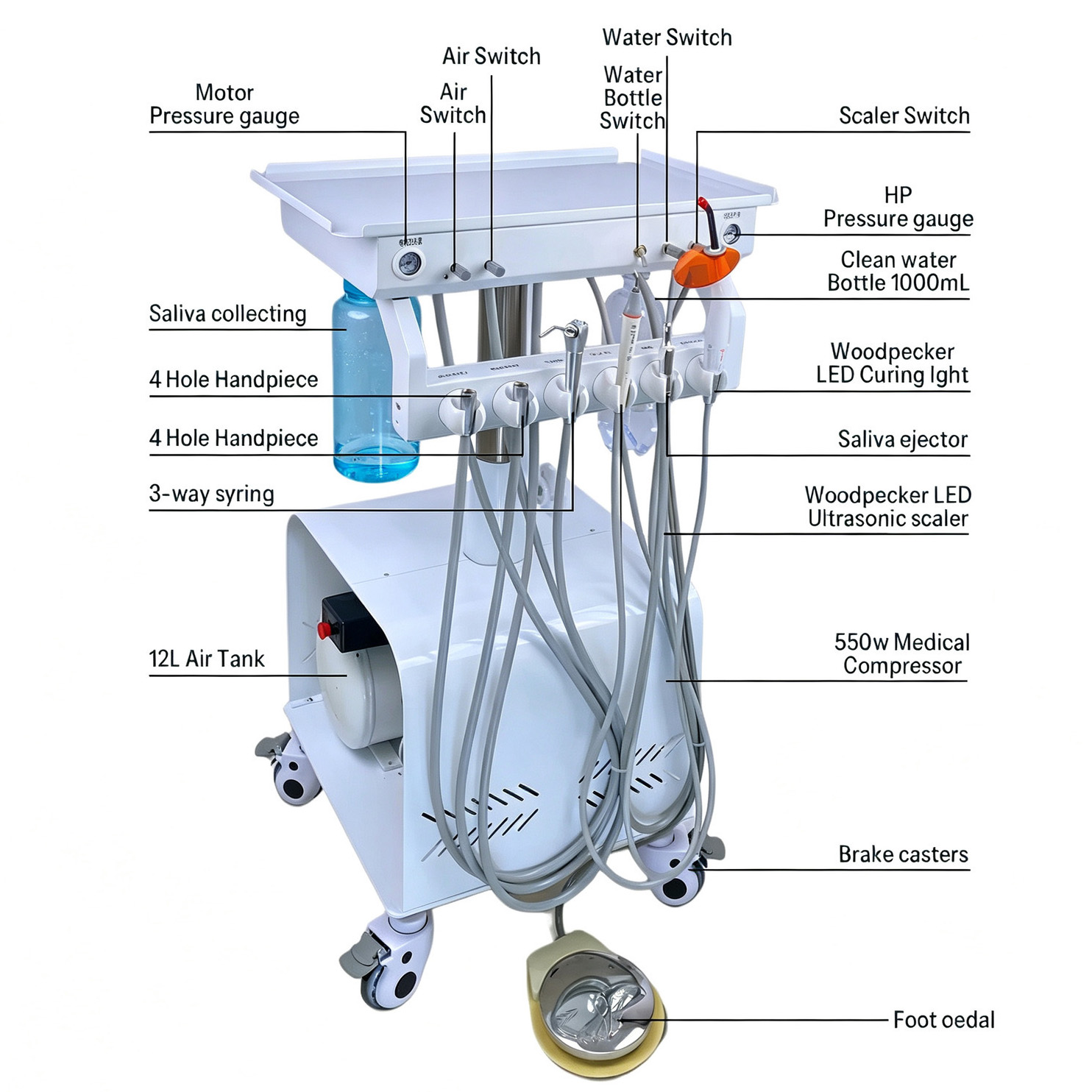 Dental Portable Delivery Unit System 4Holes with Air Compressor & Liftable Function