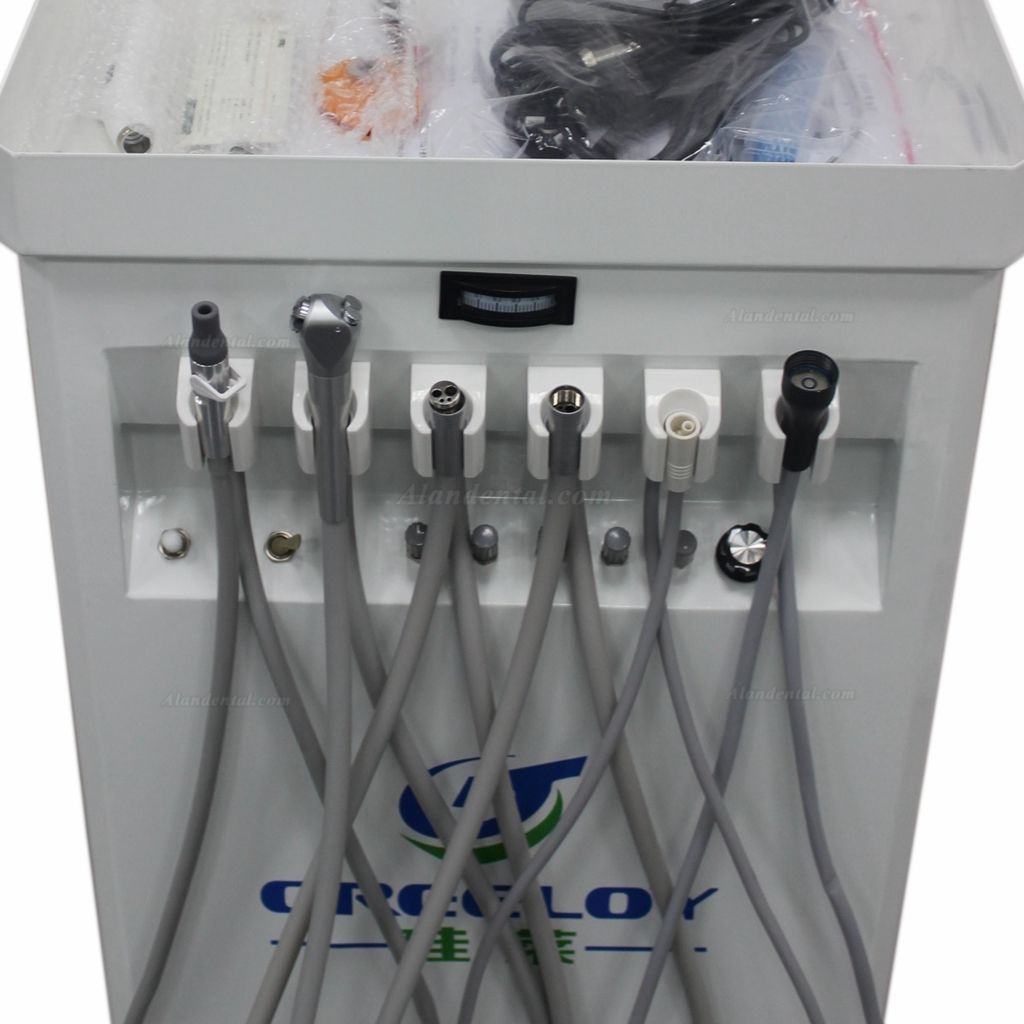 GREELOY Dental Delivery Unit Mobile Cart Self-contained Air Compressor+ Scaler+ LED Curing Light