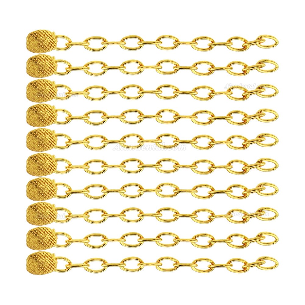 10 Pcs Dental Orthodontic Traction Rectangular Button With Chain 18K Gold Plated