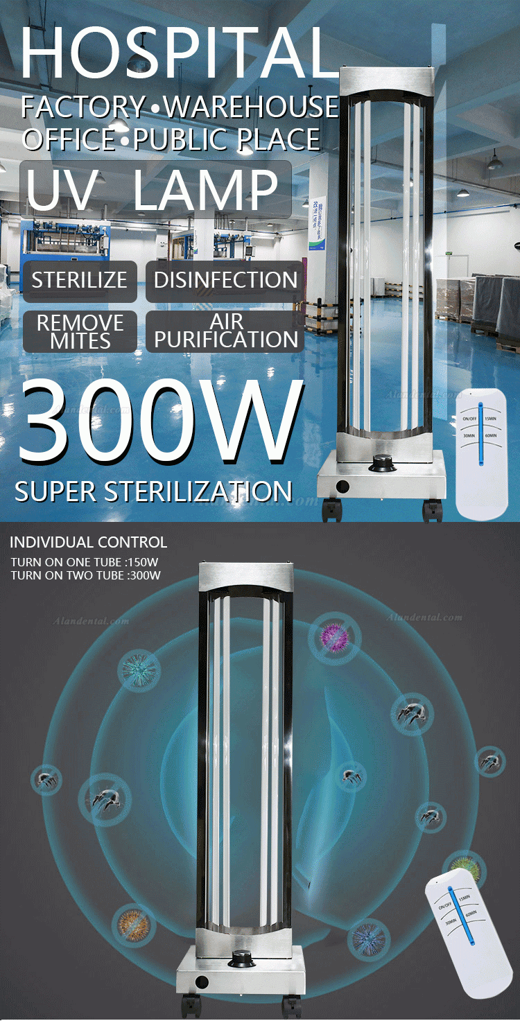 100-300W UVC +Ozone Stainless Steel Disinfection Lampe Ultraviolet Sterilizer Trolley with Radar Sensors